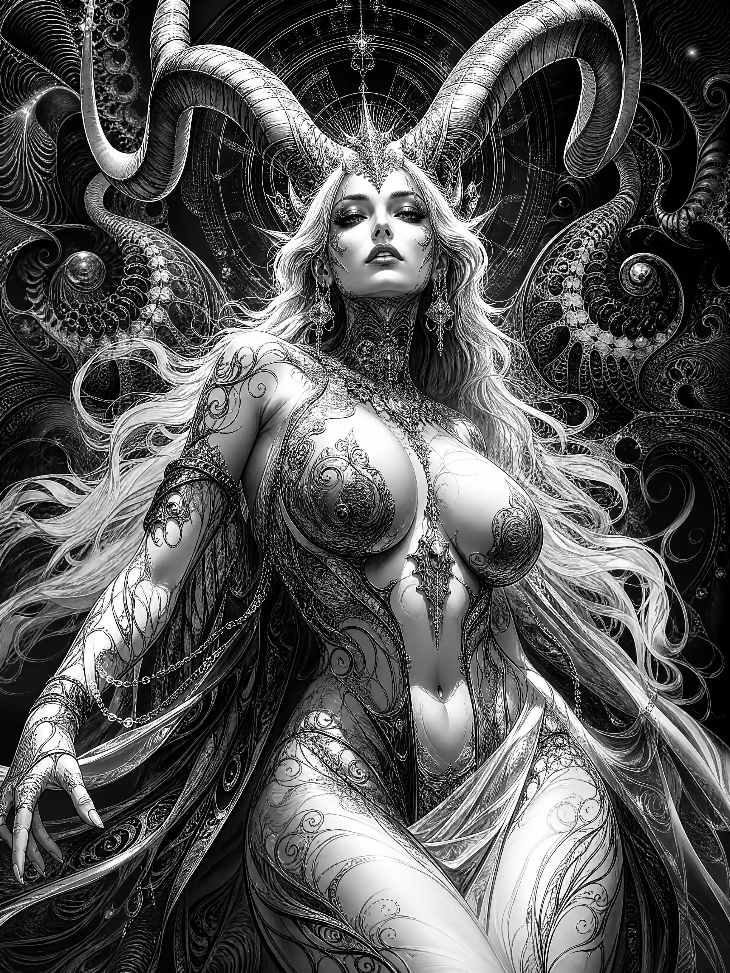 Horned fantasy woman with fractal ceramic body and gown