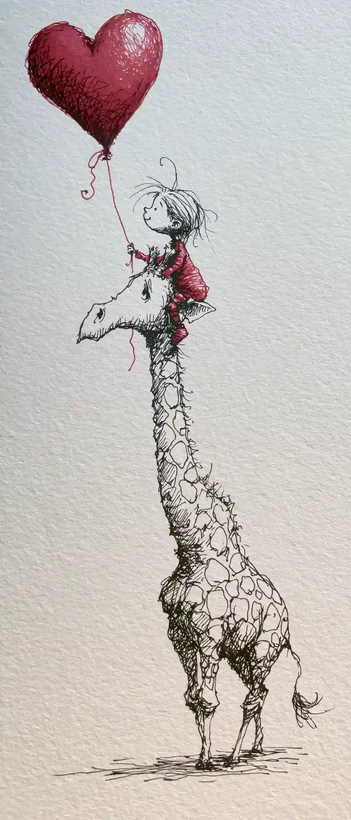 Dessin minimaliste au trait d’une girafe avec tout-petit et ballon en forme de cœur
