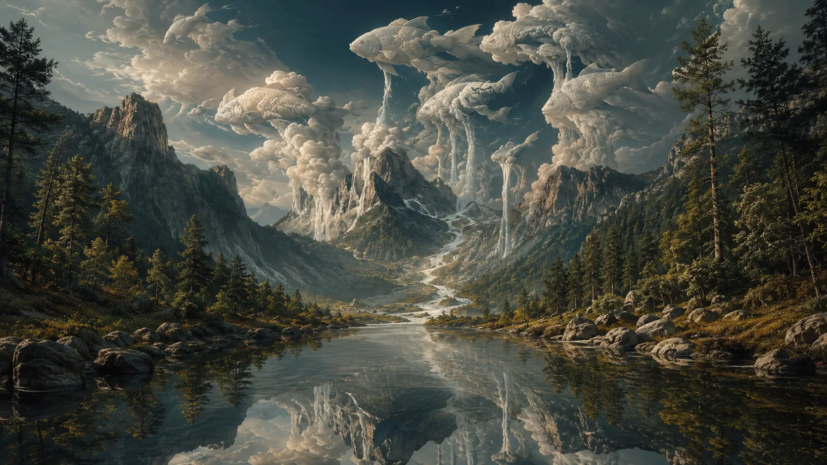 Surreal river flowing uphill beneath mountains and hidden fish clouds