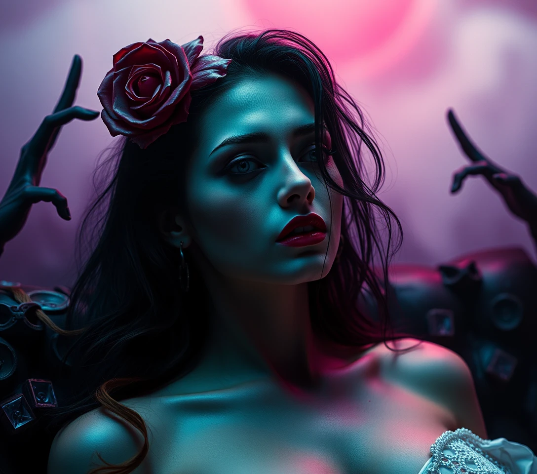 Mujer surrealista en una oscura escena de pesadilla popsurrealista