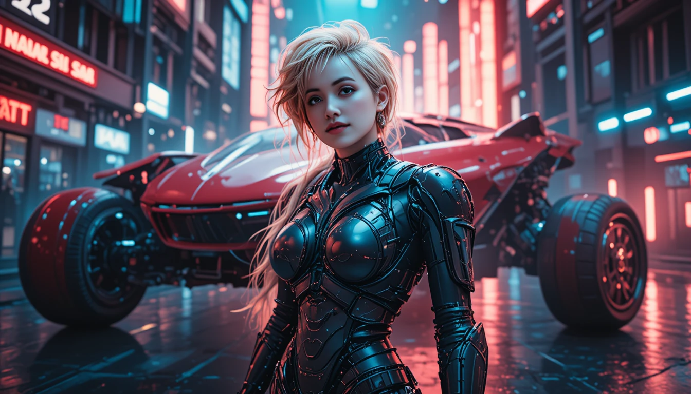 Cinematic cyberpunk cyborg woman in neon futuristic street