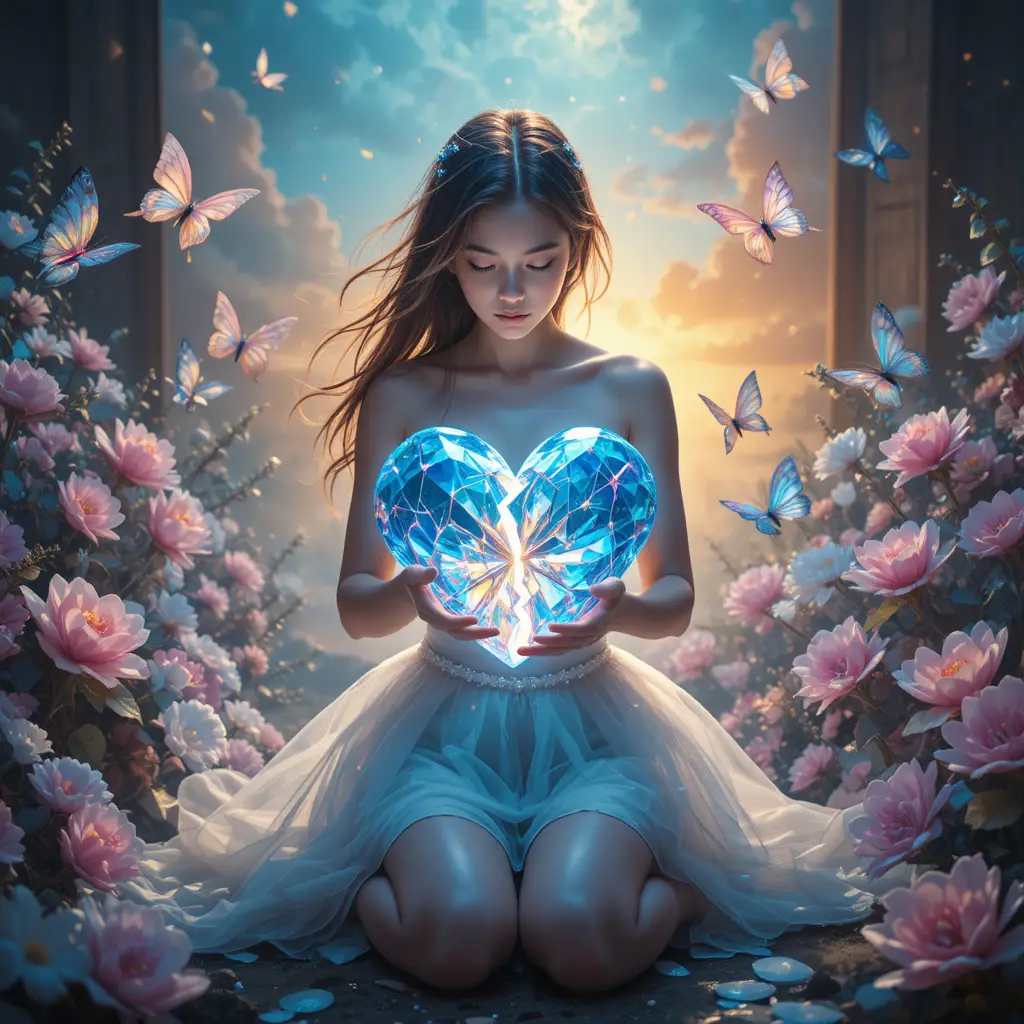 Girl Kneeling With Transforming Crystal Heart Of Light