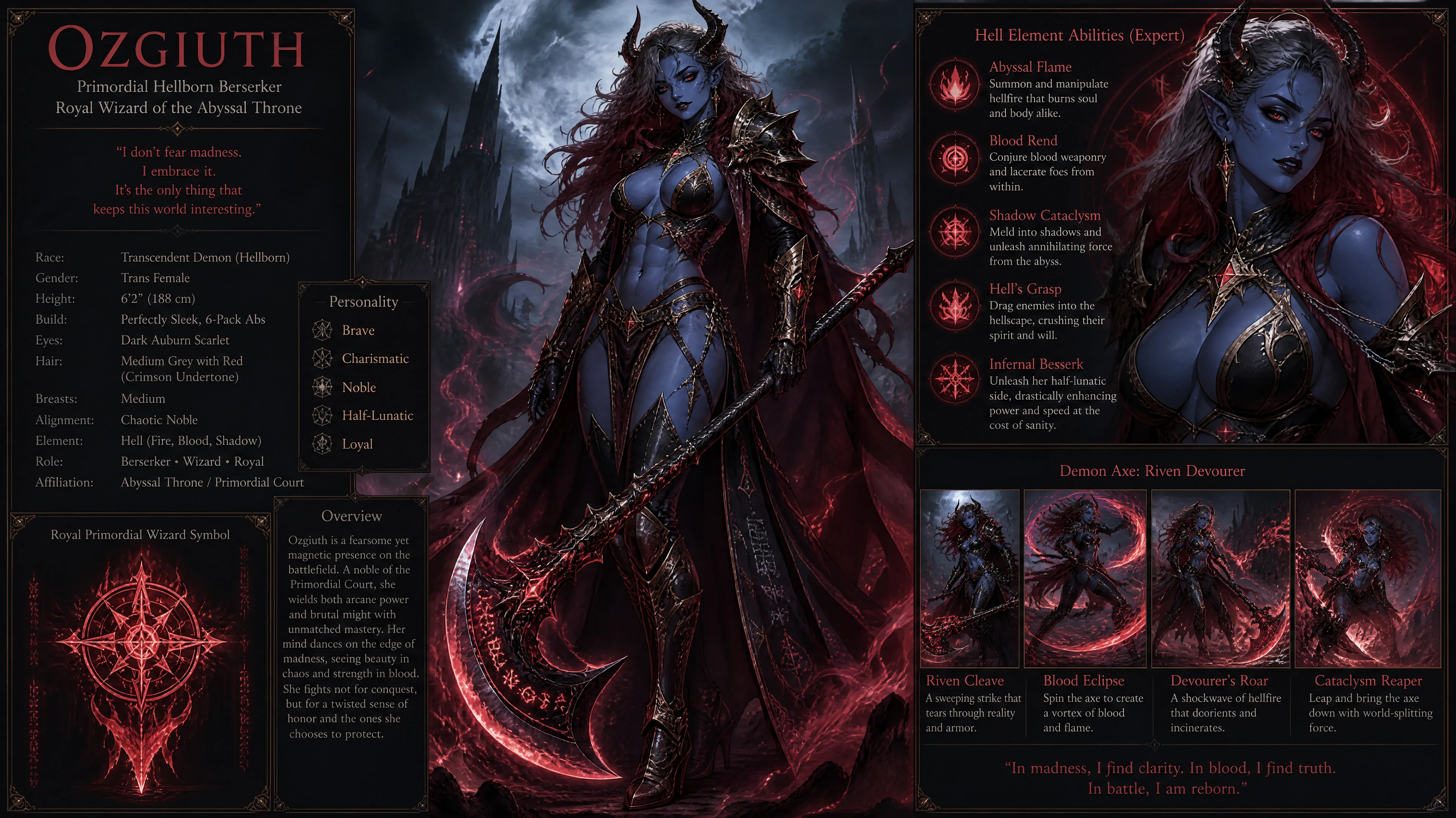 Guerriera demone blu in armatura reale da berserker
