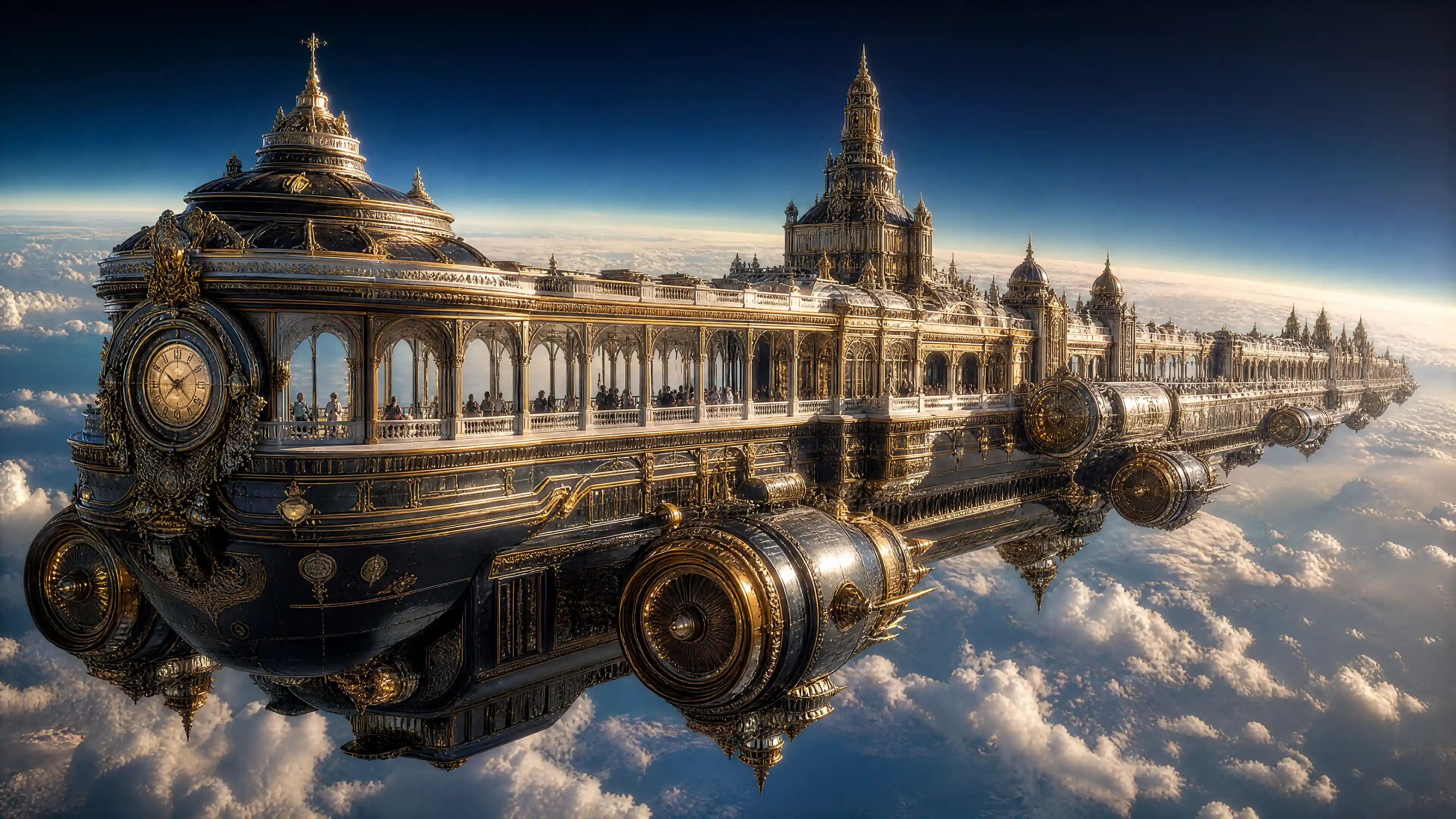 Luxurious baroque airship cruising high above the clouds