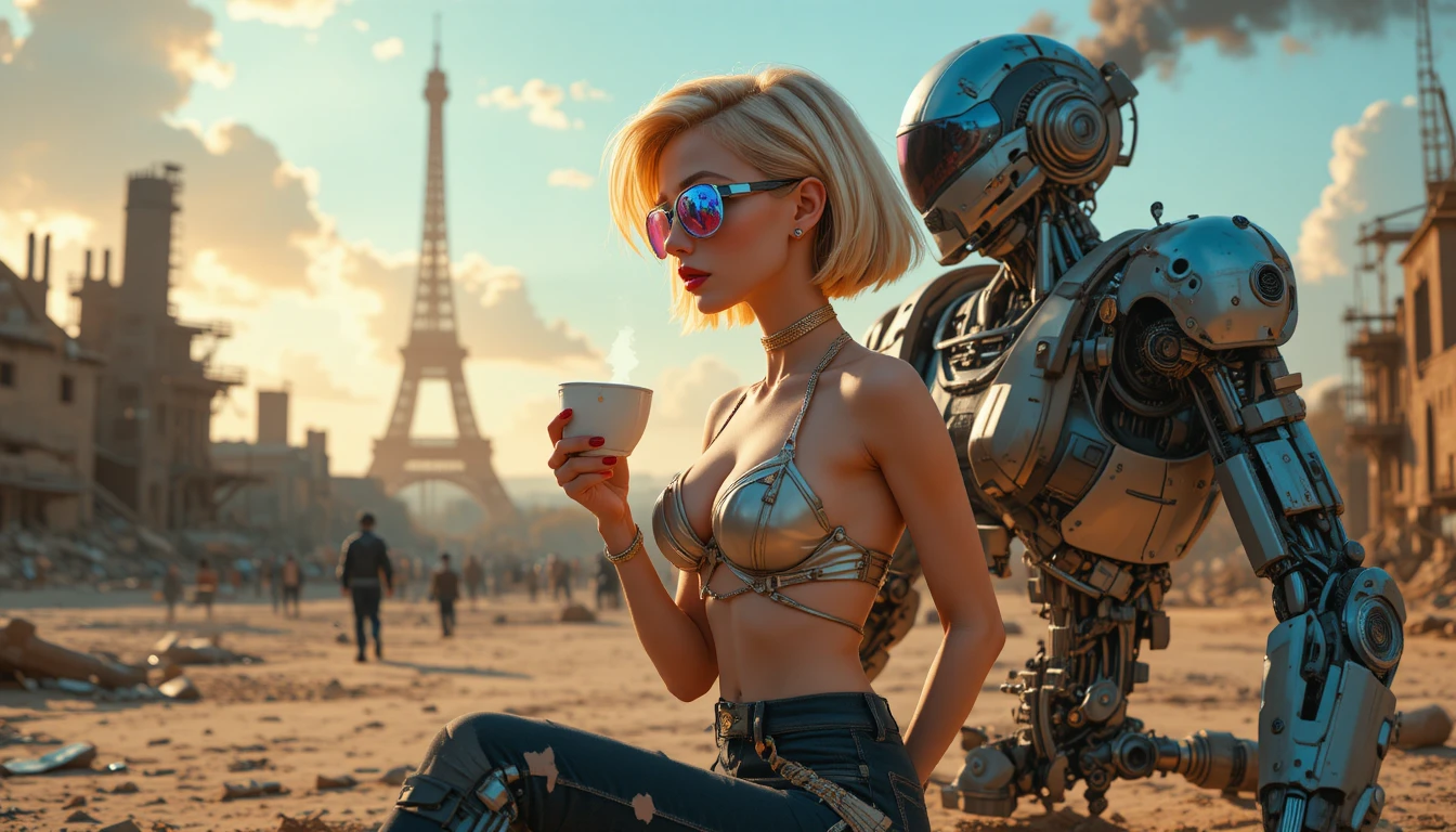 Guerrera rubia cyberpunk en pose de moda de estudio