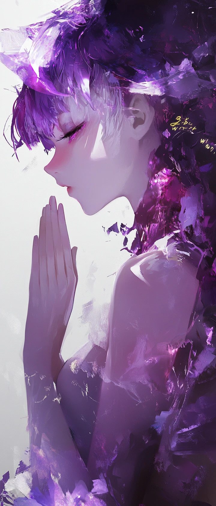 Chica de anime etérea con cuatro manos en oración vista desde arriba
