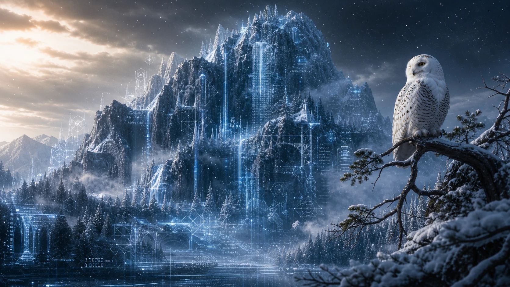 Búho nival en un paisaje digital de bosque y montaña invernal