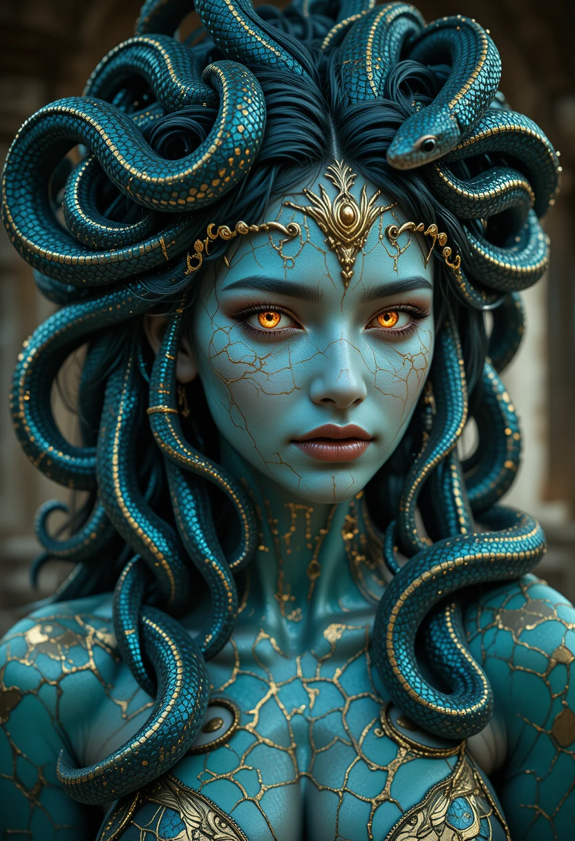 Mujer inspirada en Medusa con ojos dorados y cabello de tentáculos