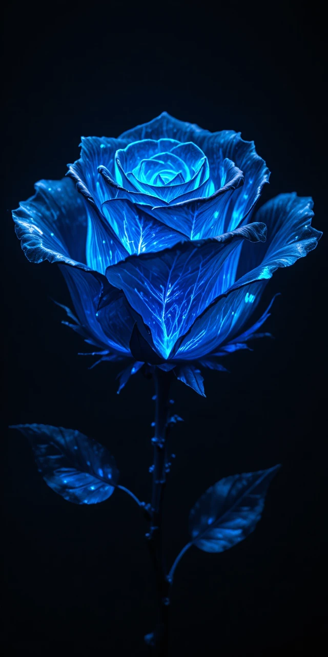 Rosa negra que brilla con luz azul sobre fondo oscuro