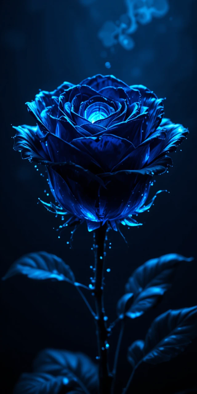 Rosa negra brillante con luz azul sobre fondo oscuro y abstracto