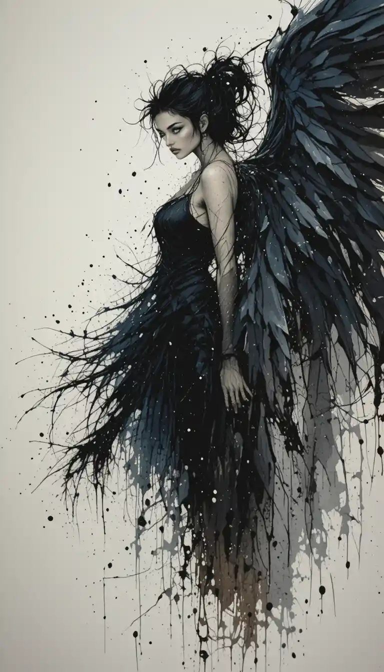 Dark fallen angel silhouette with vast black feathered wings