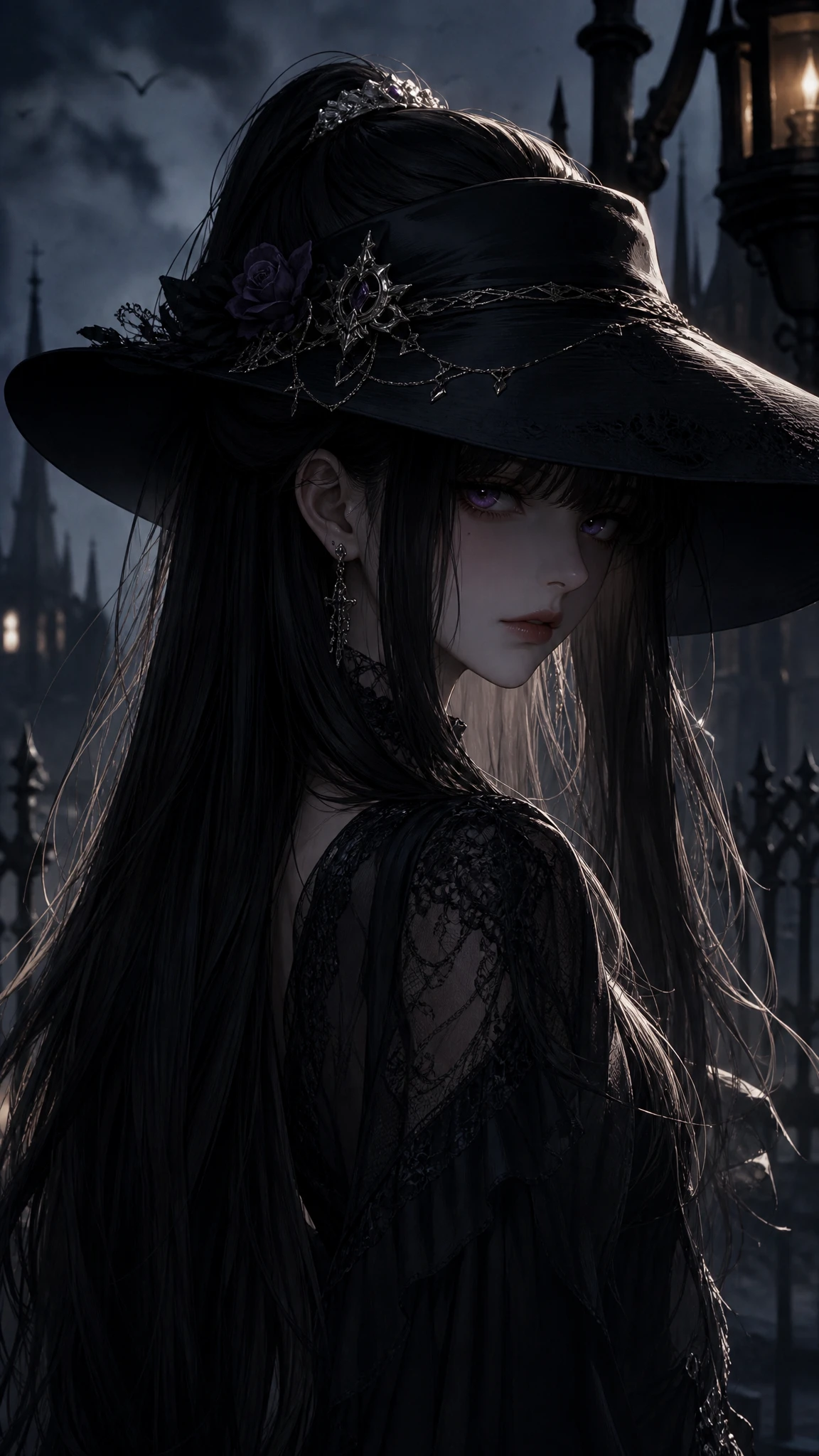 Joven chica de anime con sombrero de ala ancha y mirada en sombras
