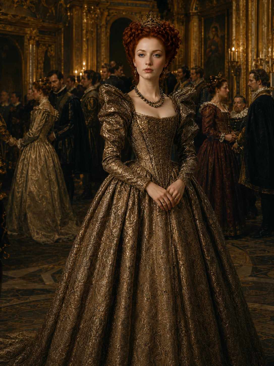 Retrato renacentista de una dama noble con un majestuoso vestido dorado