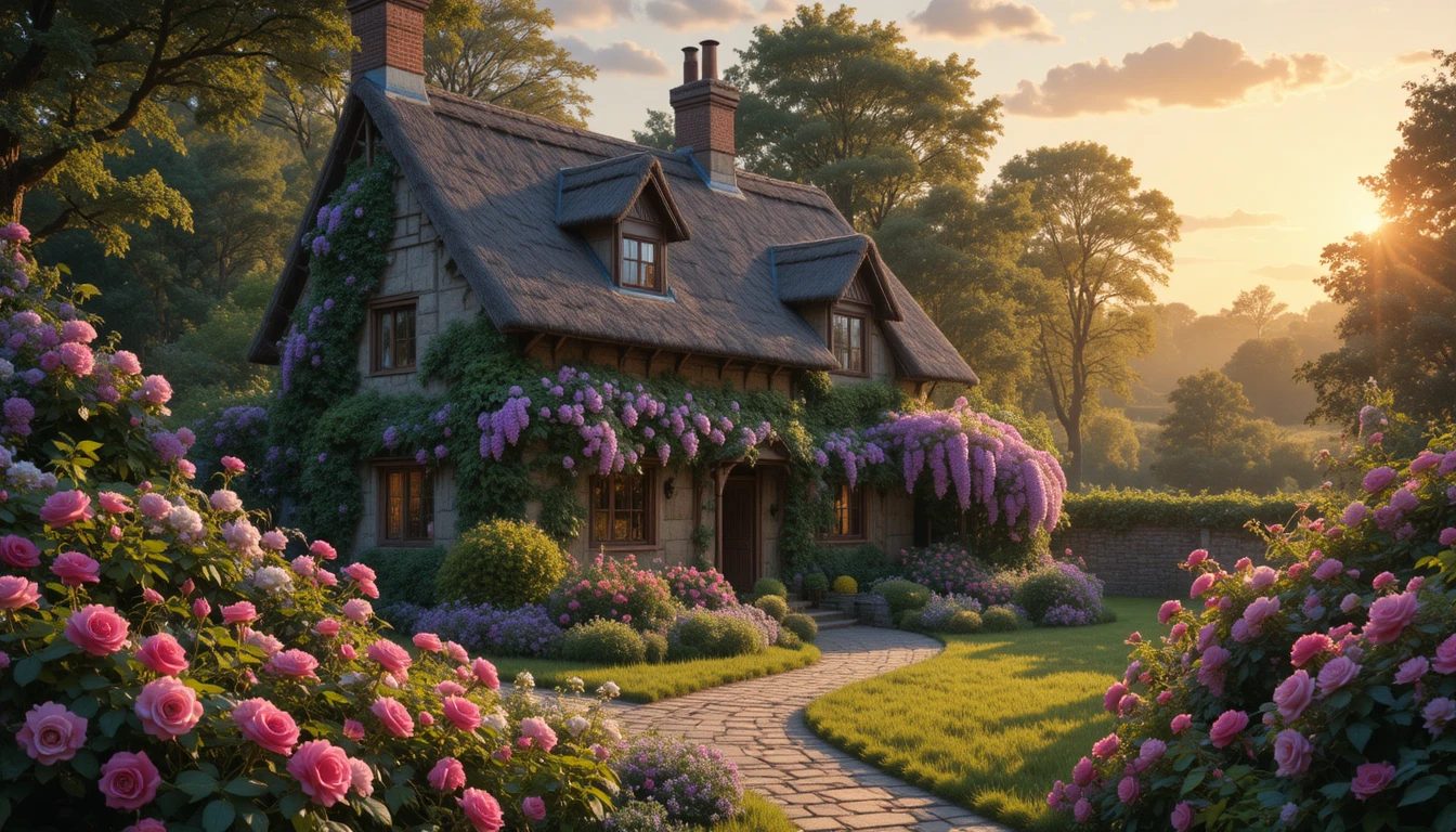 Cabaña inglesa en un exuberante jardín de verano al atardecer