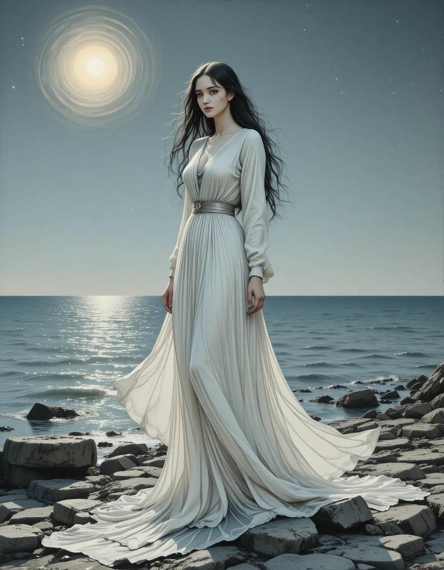 Young woman in white on a moonlit rocky shore