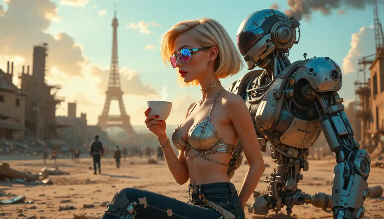Guerreira loira cyberpunk em pose de moda em estúdio