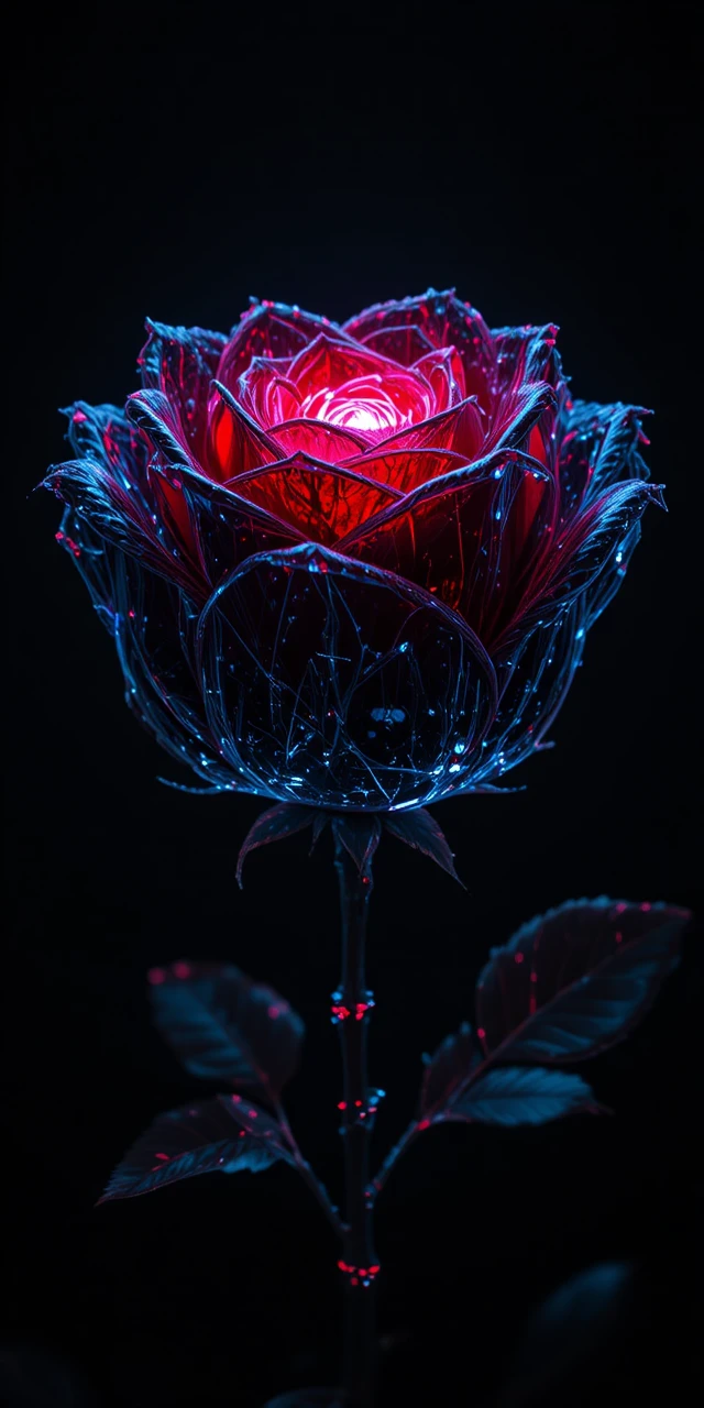 Rosa negra luminosa con pétalos de vidrio sobre fondo oscuro