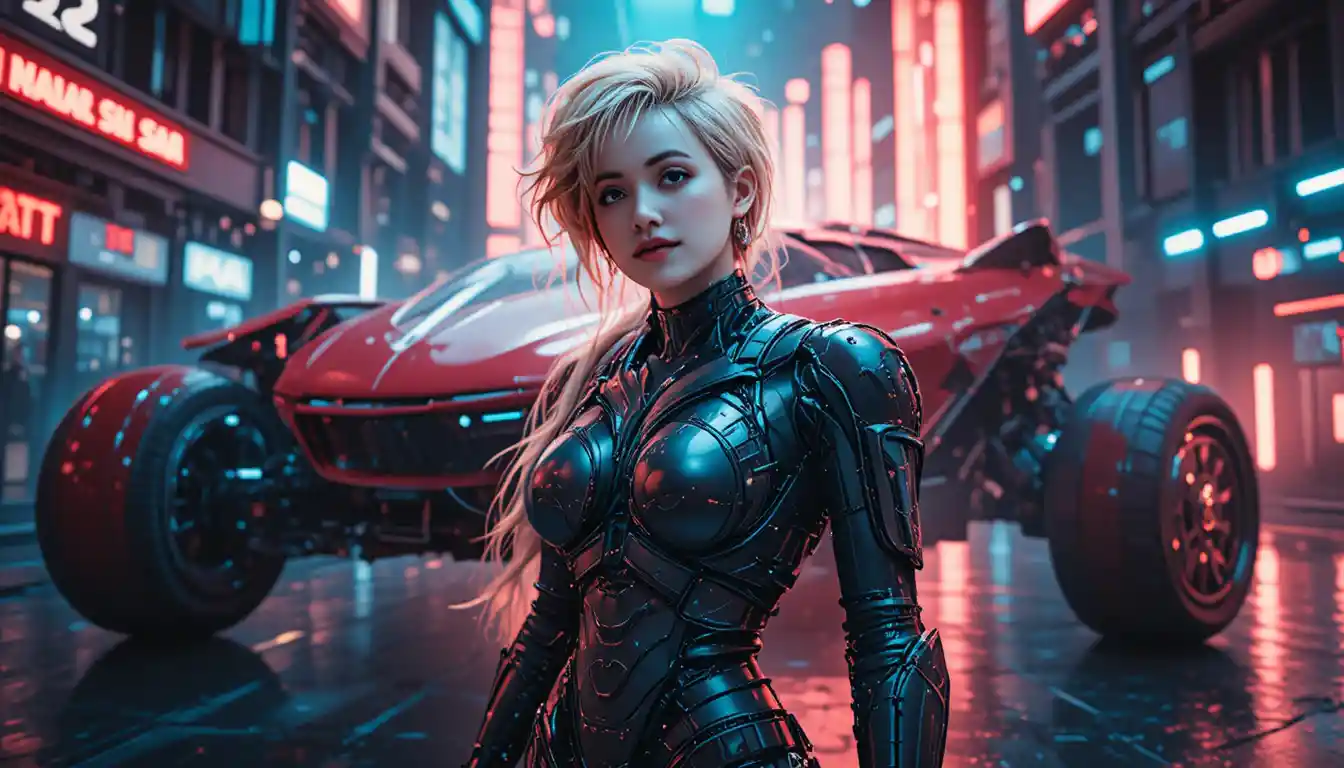 Cinematic cyberpunk cyborg woman in neon futuristic street