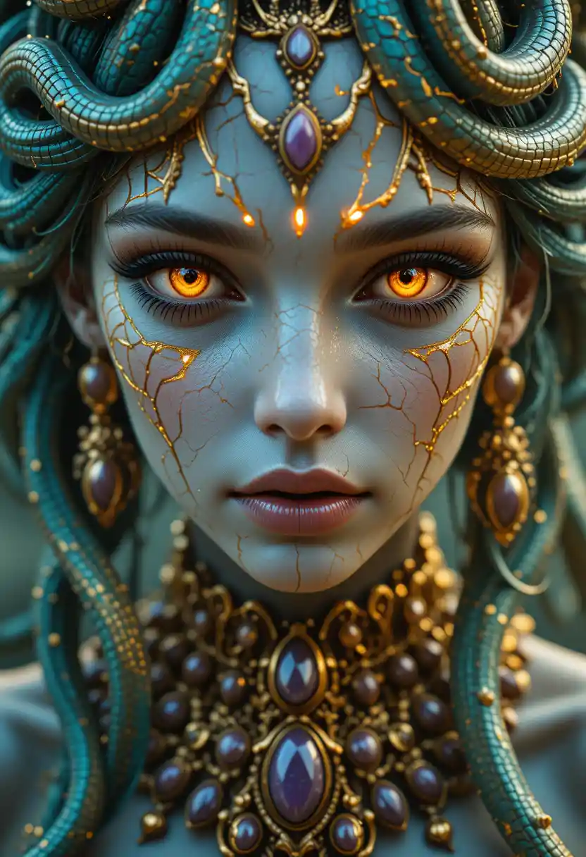 Medusa inspired woman with glowing eyes and serpentine hair