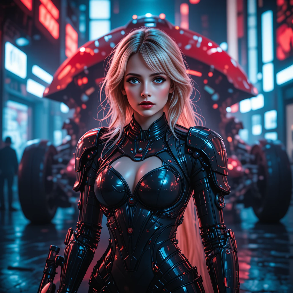Cyborg warrior woman in neon cyberpunk city street