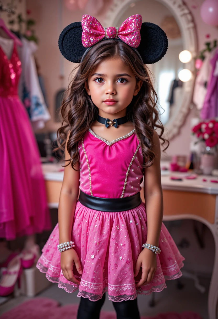 Nervous boy in princess costume close up at vanity