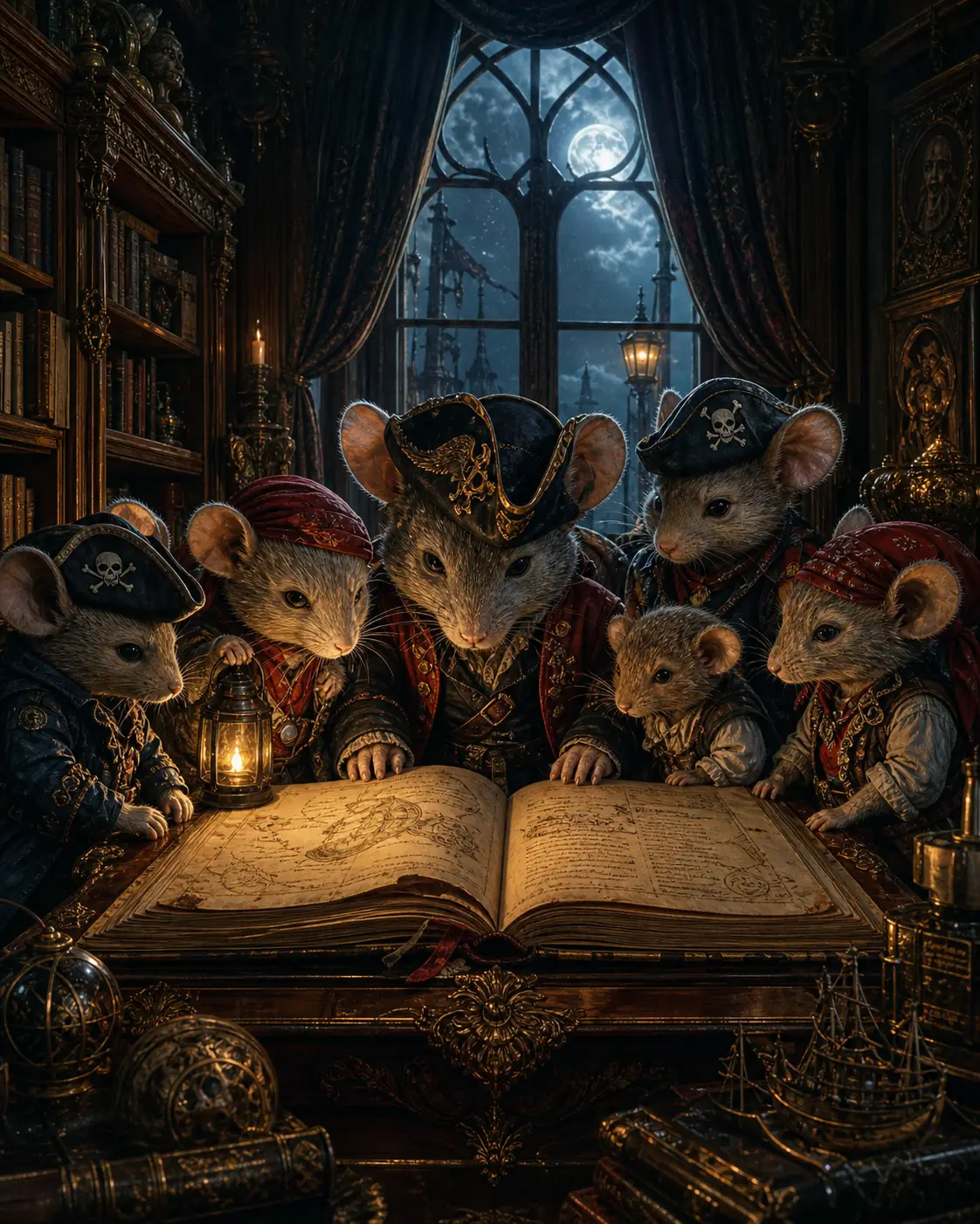 Ratinhos piratas reunidos em volta de um livro antigo no escritório