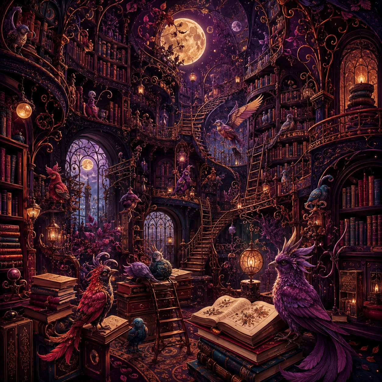 Biblioteca encantada con libros que se transforman en criaturas aladas
