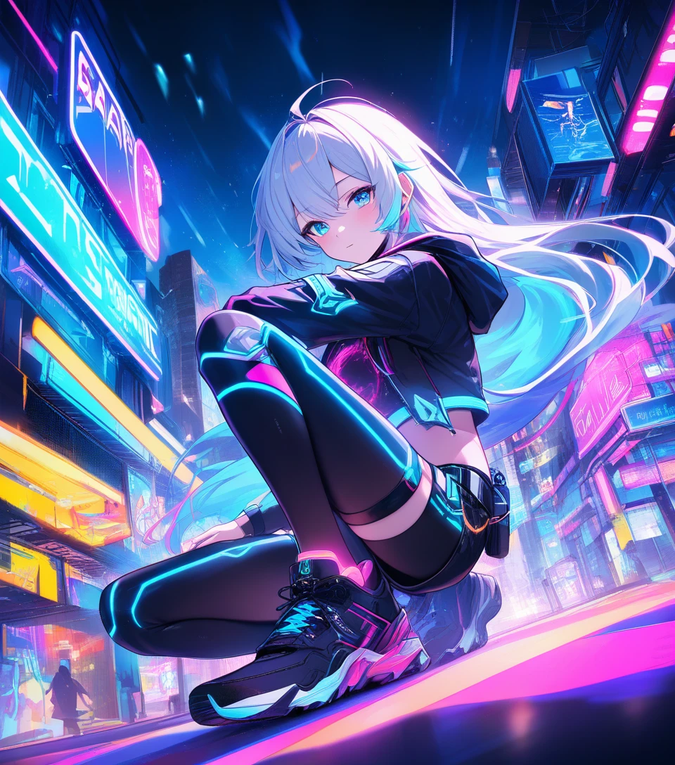 Neon haired skater girl in a futuristic city street