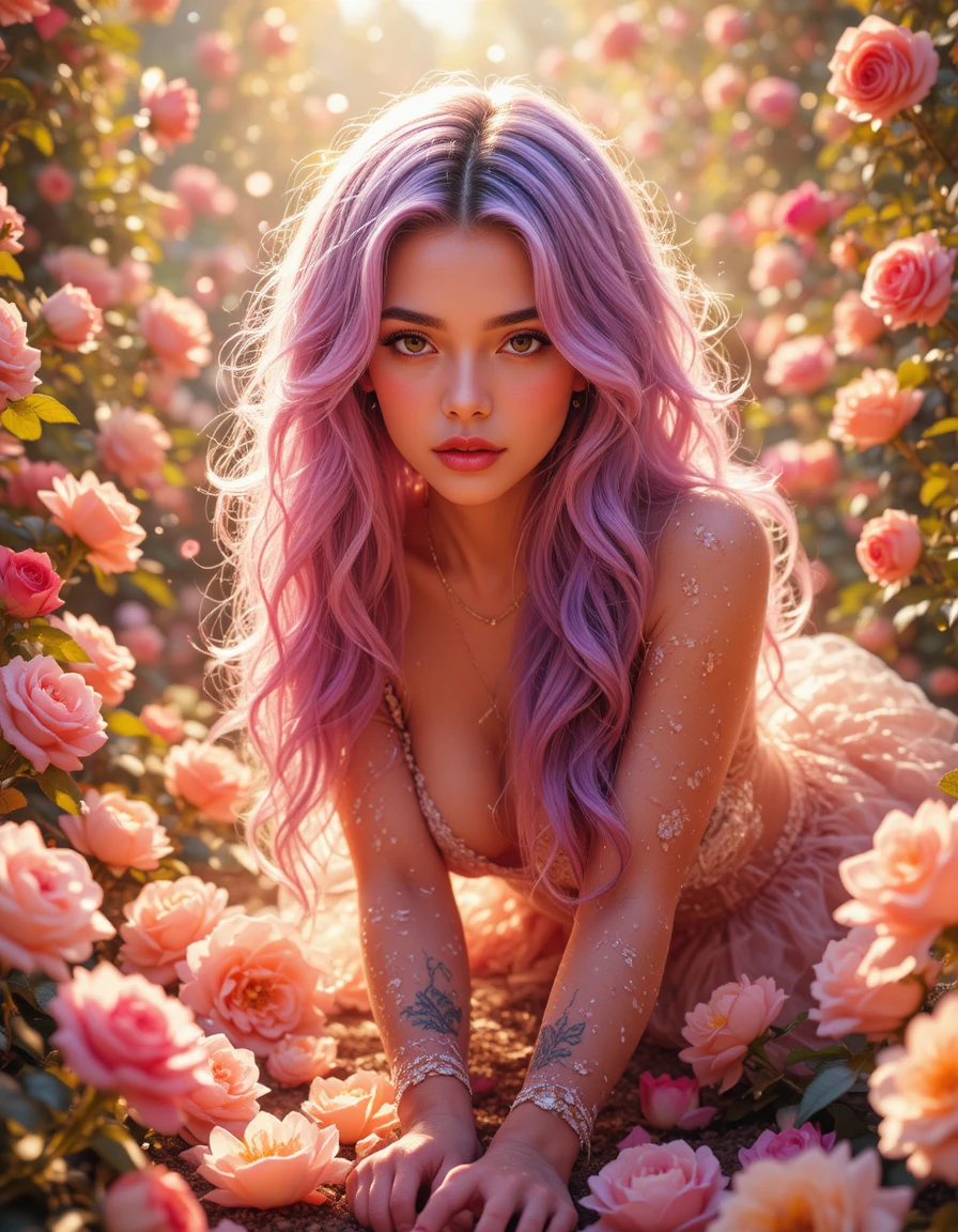 Mujer sensual entre rosas con primer plano cinematográfico cálido