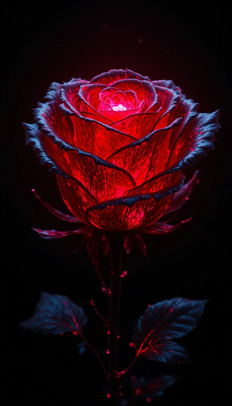 Rosa nera luminosa con luce rossa su sfondo scuro