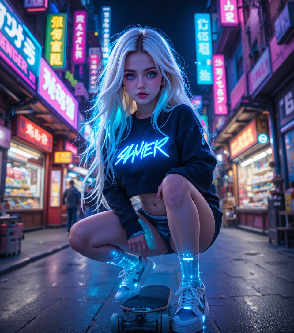 Chica skater de cabello neón en ciudad futurista nocturna