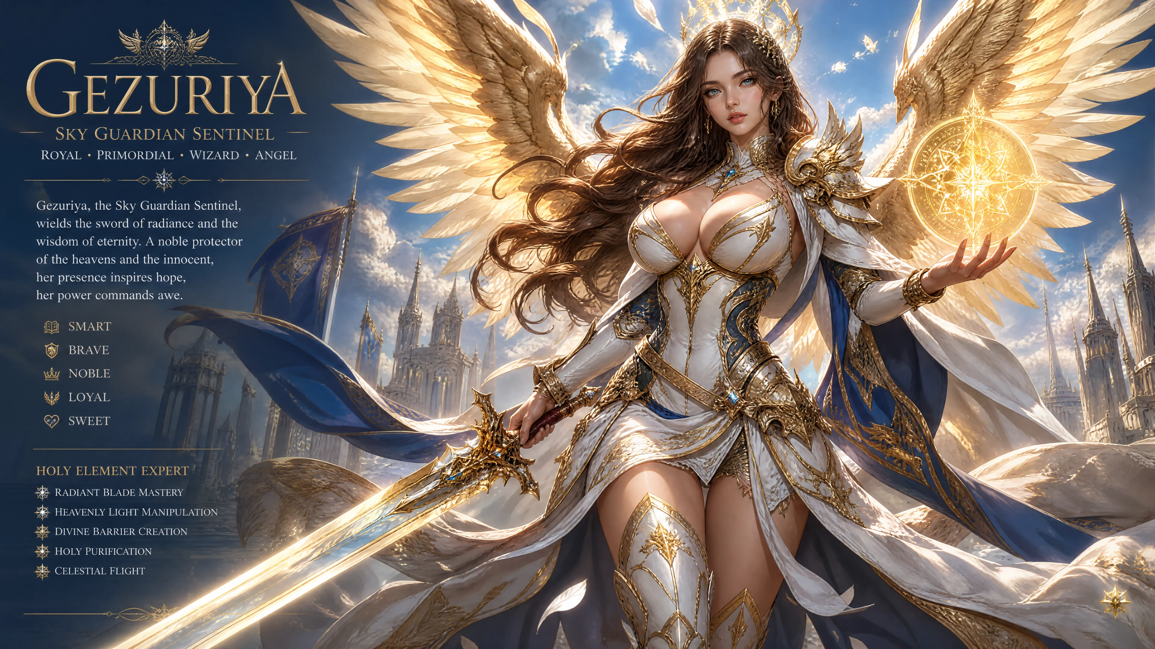 黄金の翼と聖なる剣を持つ高貴な天使の女性