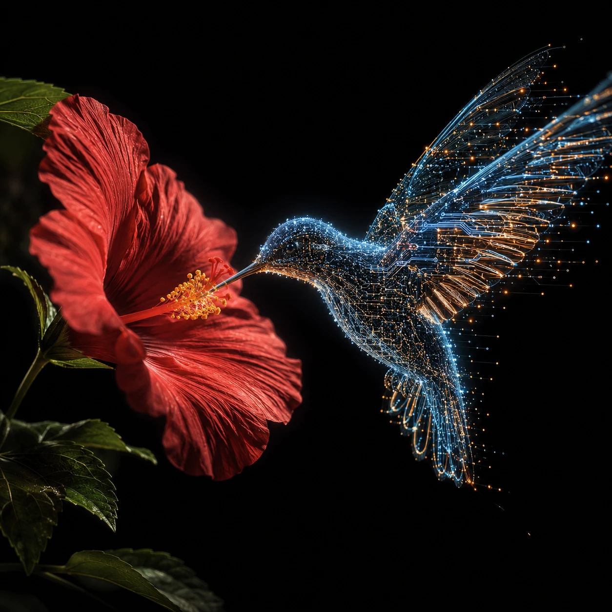 Colibrì digitale con ibisco in drammatica illuminazione fine art