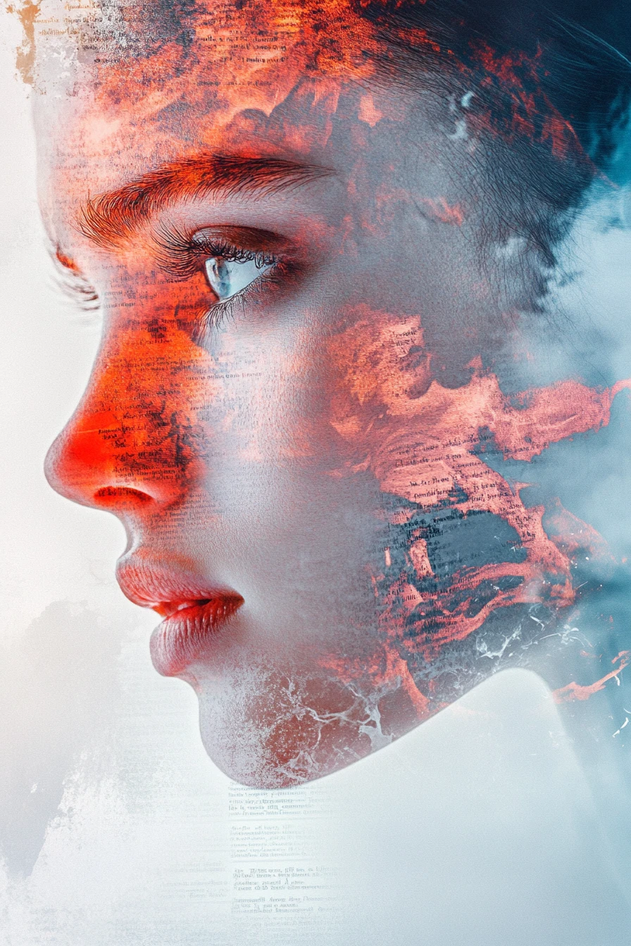Retrato surreal de doble exposición que fusiona rostros masculino y femenino