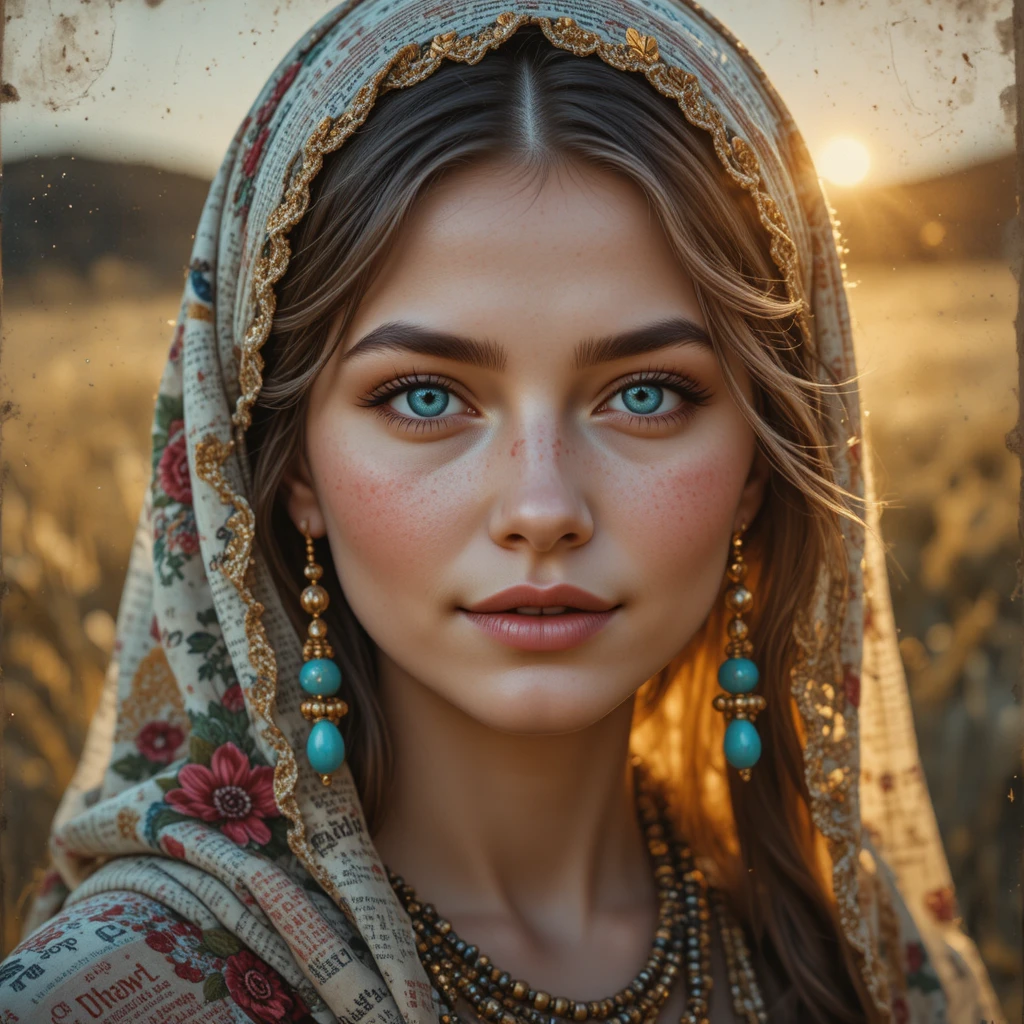 Retrato de chica alegre de ojos azules con pañuelo bohemio