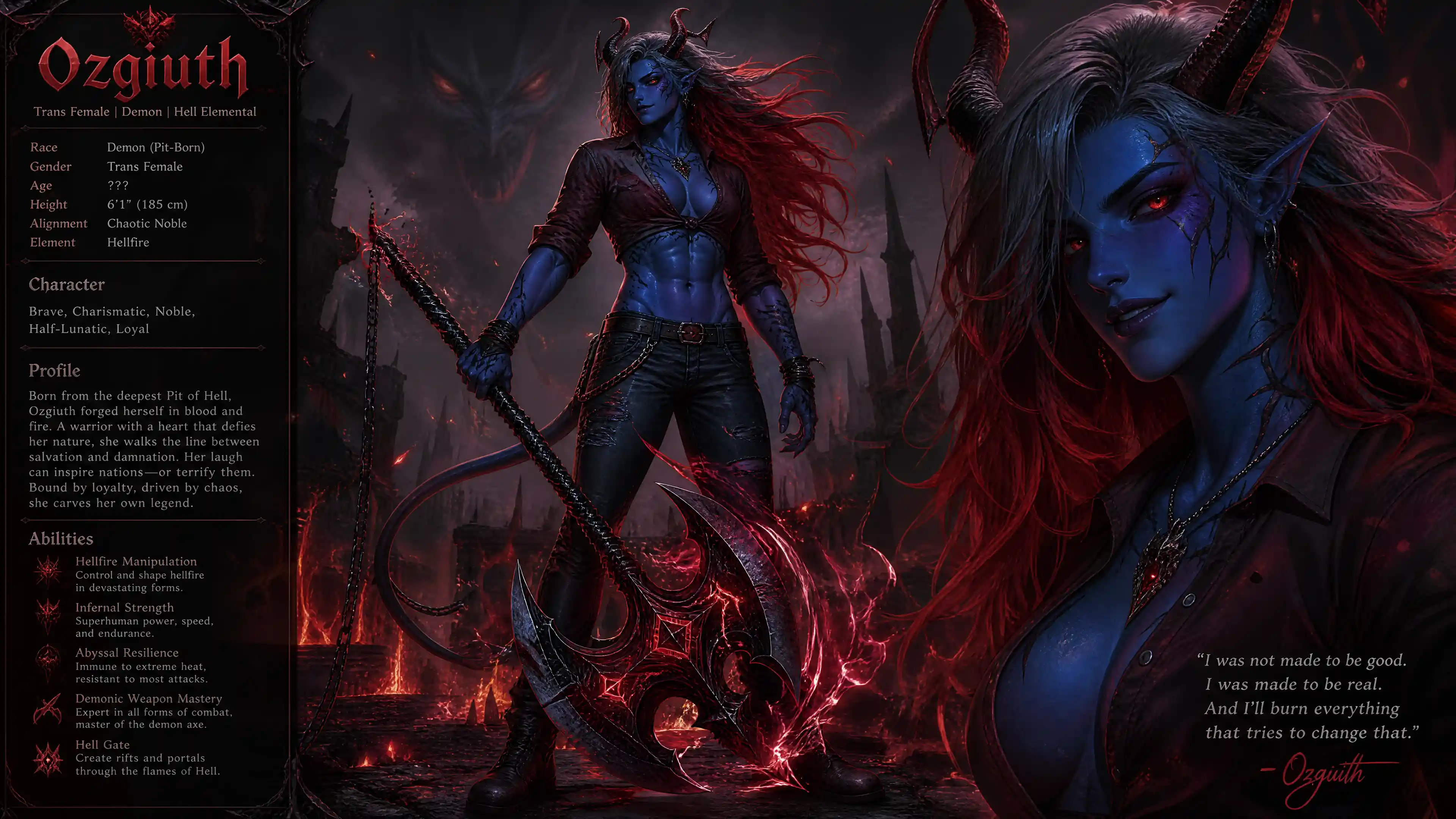 Blue demon woman with axe in casual modern clothing