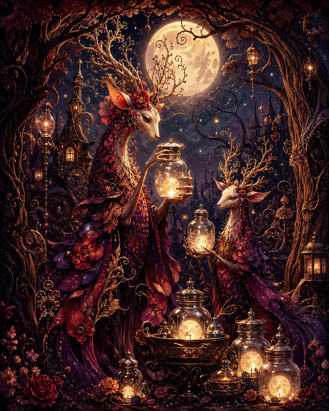 Elegant fantasy creatures bottling moonlight in an enchanted forest