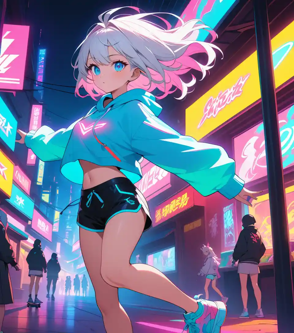 Skatergirl mit Neonhaar in futuristischer Stadtstraße