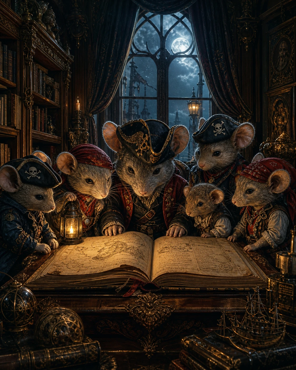 Ratones piratas reunidos alrededor de un libro antiguo en un estudio