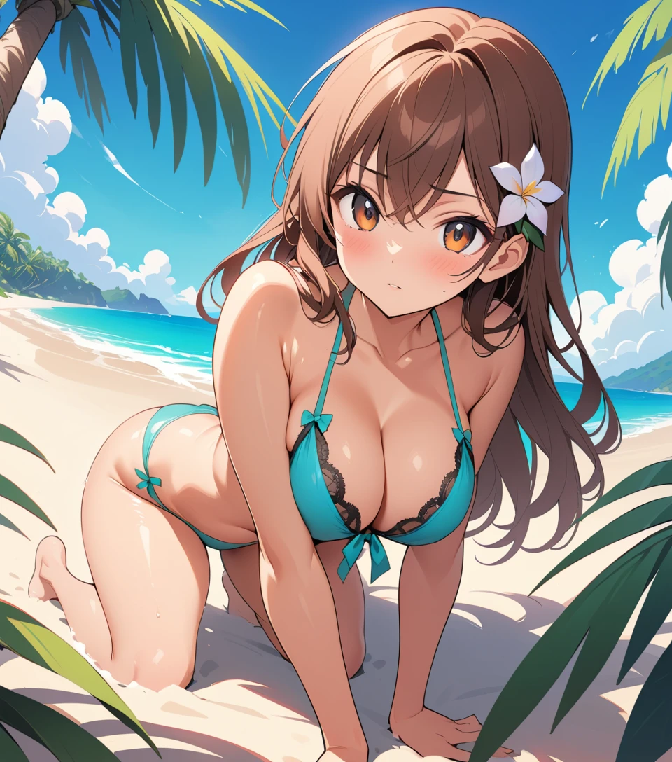 Mujer de anime tomando una sensual selfie en una playa tropical