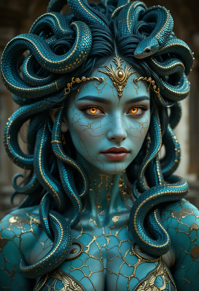 Mulher inspirada em Medusa com olhos dourados e cabelo em tentáculos