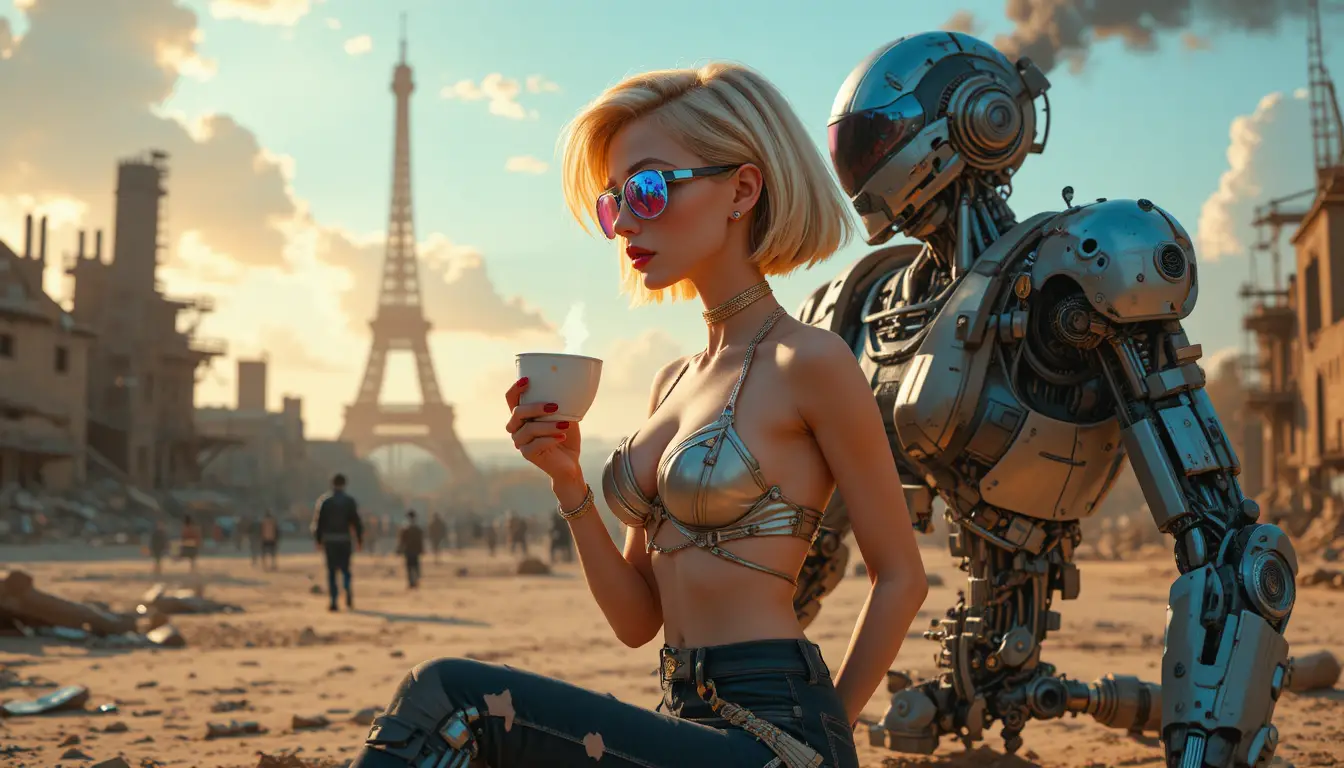 Guerreira loira cyberpunk em pose de moda em estúdio