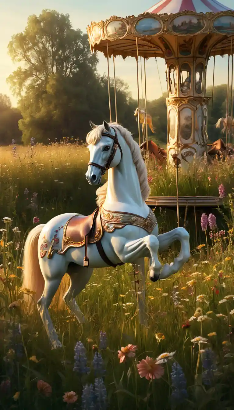 Lone carousel horse in a sunlit meadow at dusk