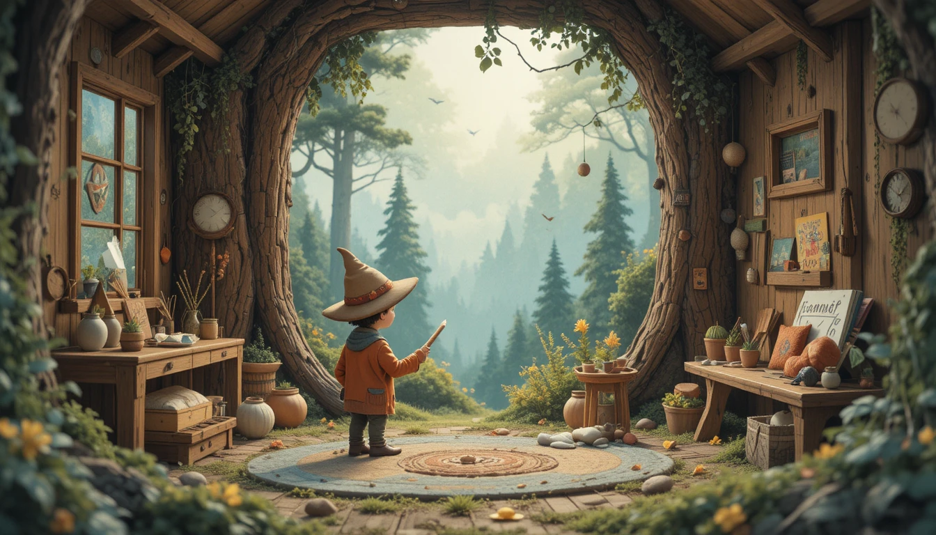 Minuscule personnage du petit peuple de la forêt dans une scène aquarelle chaleureuse