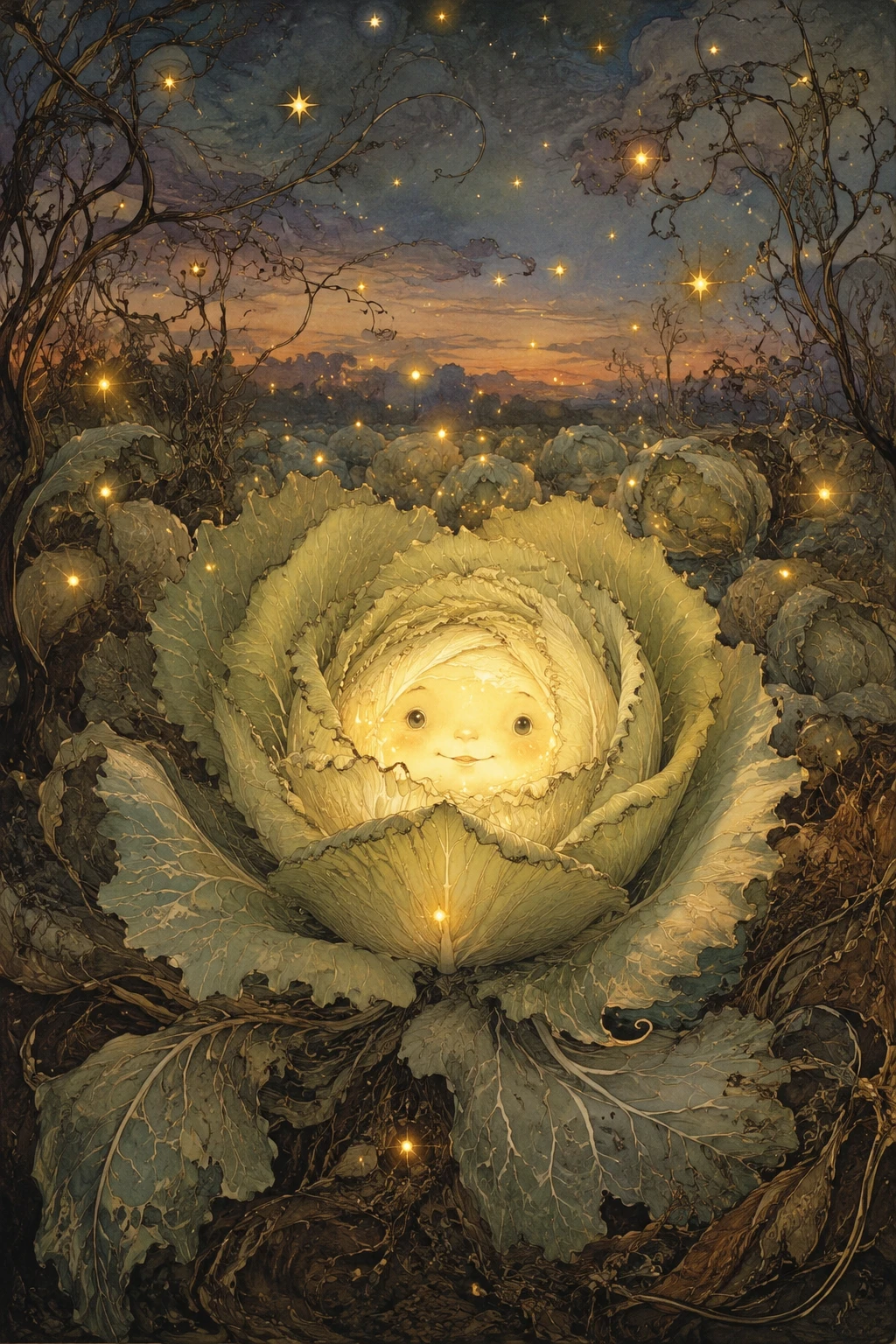 Magical glowing cabbage character in a twilight field