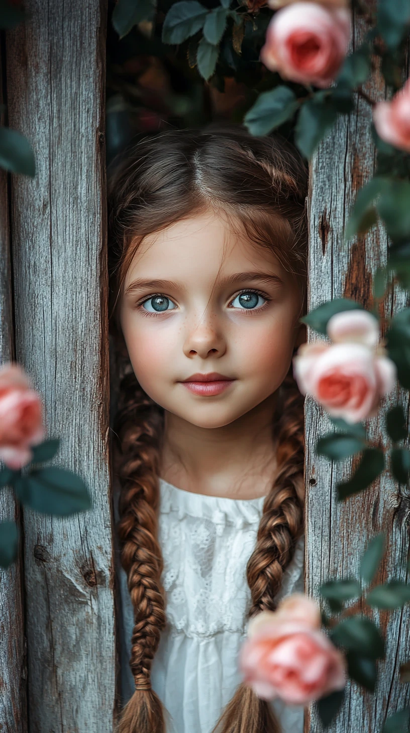 Niña pequeña asomándose por la cerca entre rosas rosas en flor