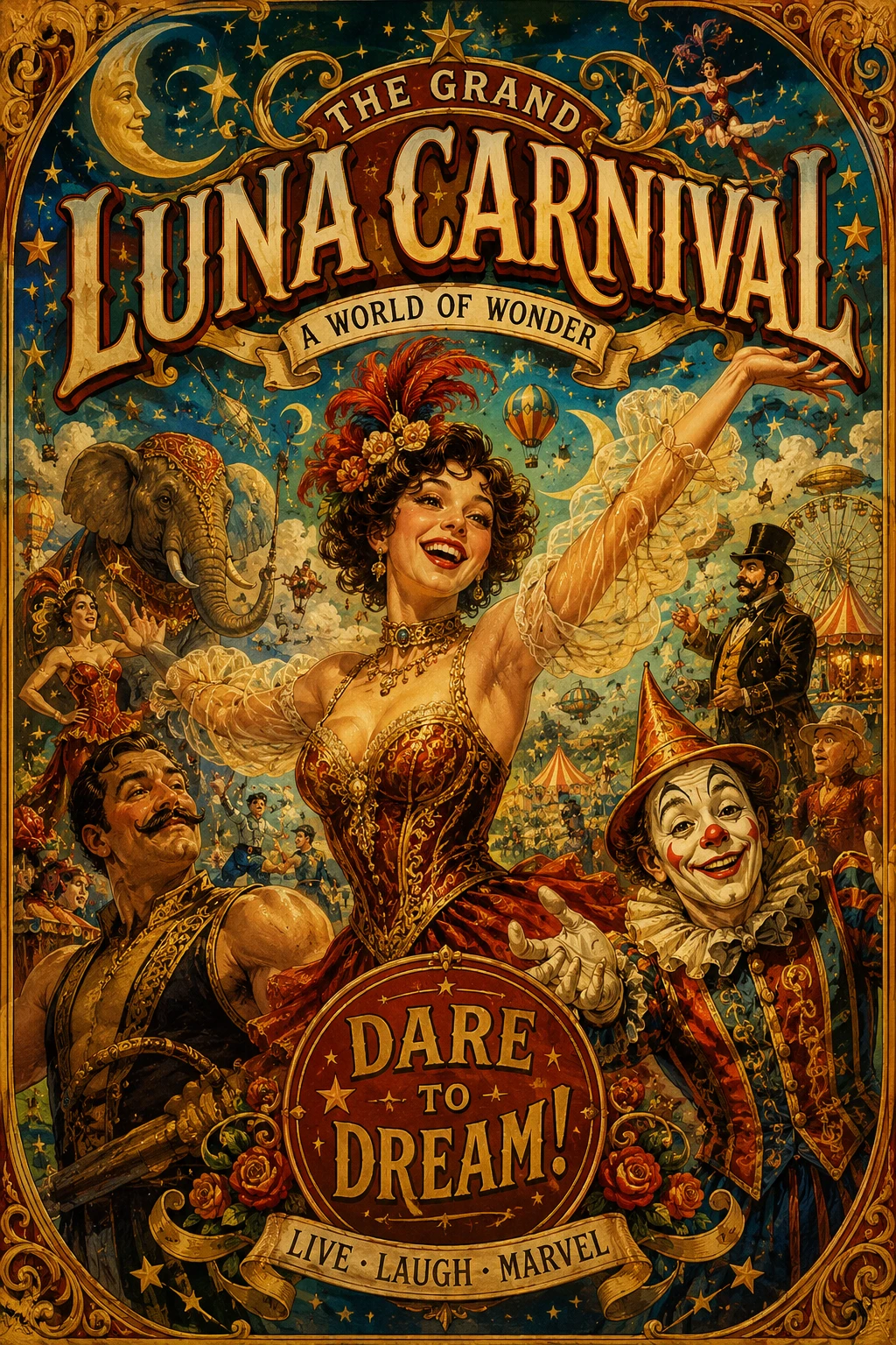 Colorido póster de carnaval de fantasía románica lleno de alegre acción