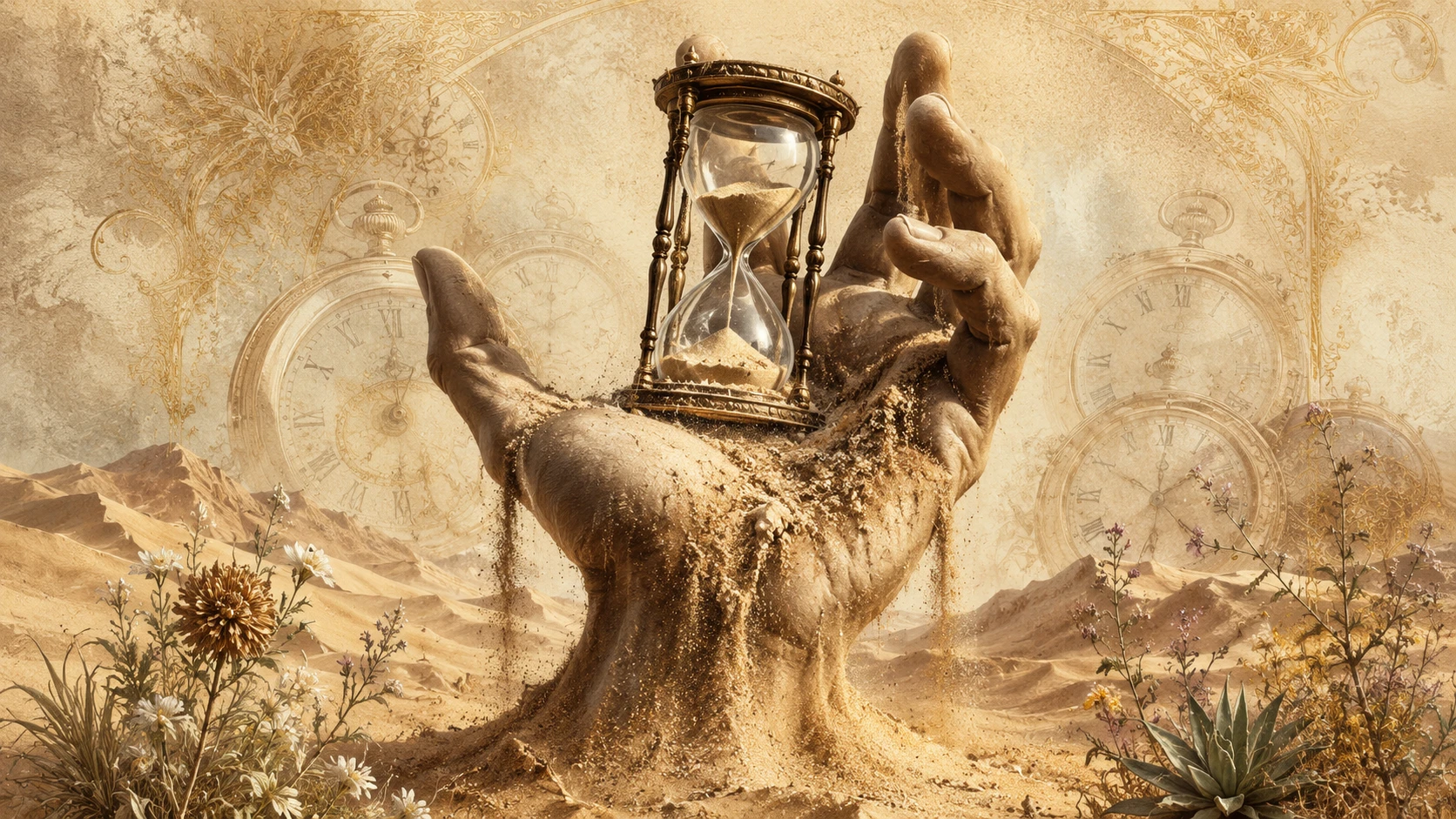 Primer plano de mano de arena que surge del desierto sosteniendo un reloj de arena