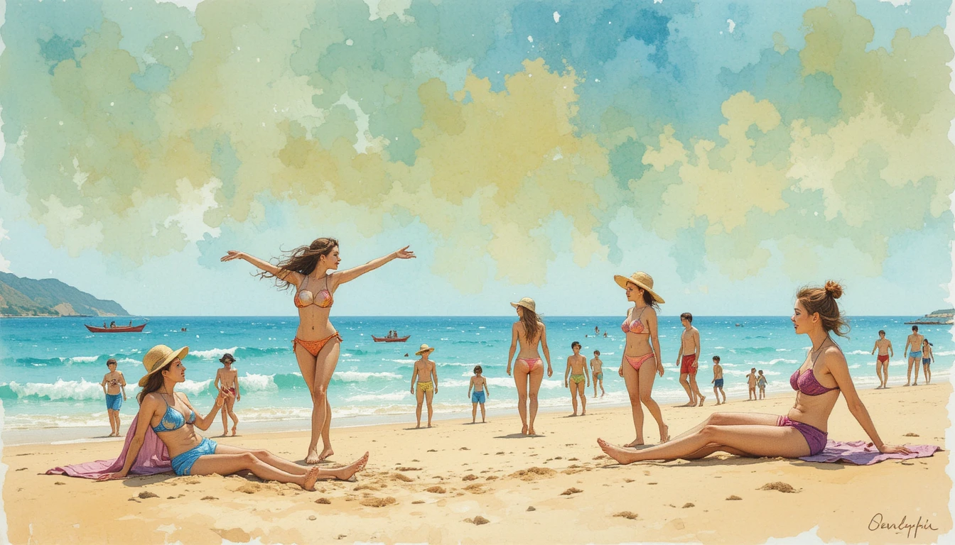 楽しい水彩のビーチ風景と遊び心いっぱいのホリデーキャラクターたち