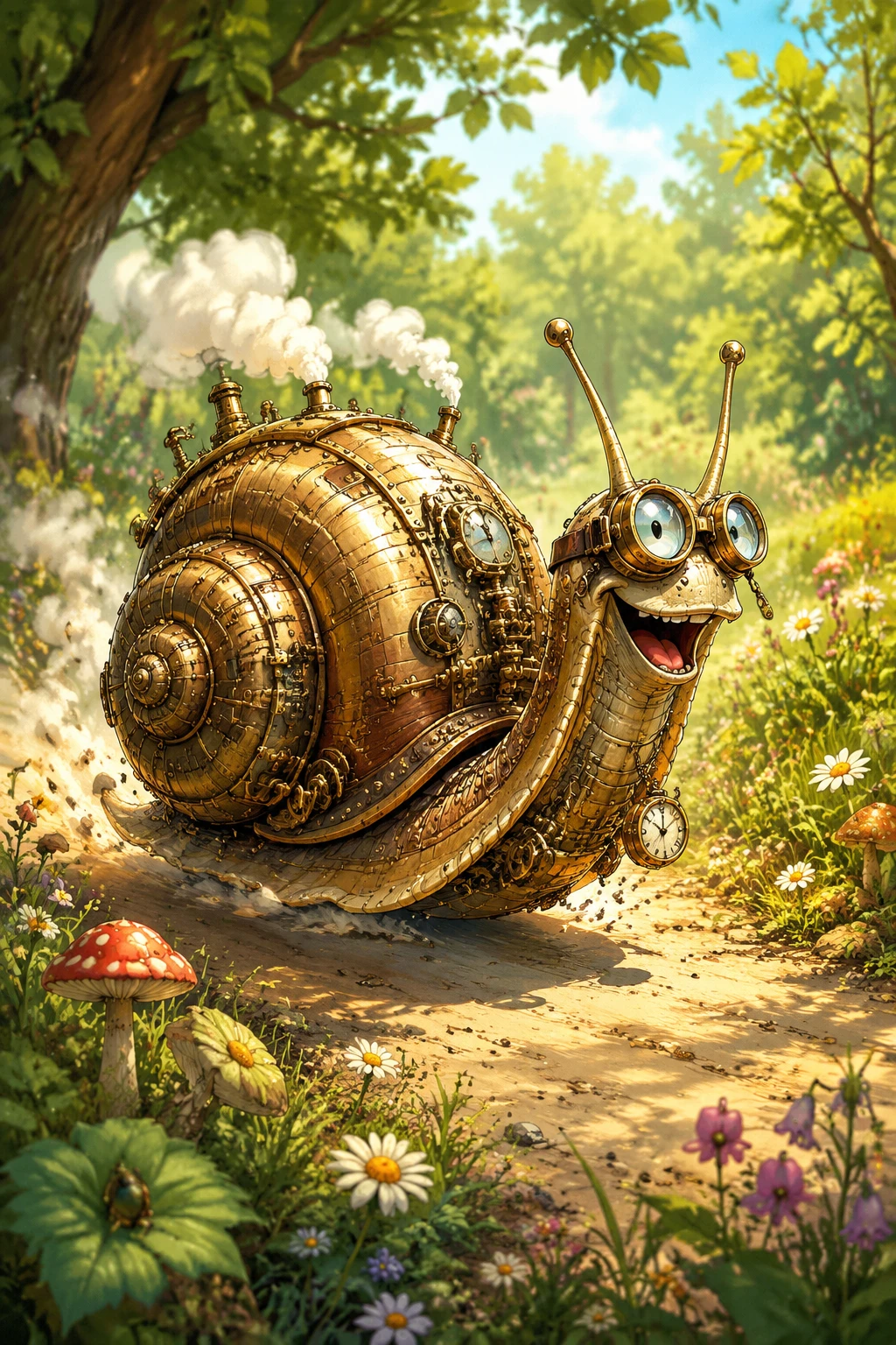 Caracol steampunk juguetón que corre por un soleado sendero del bosque